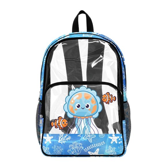 ZIATUBLES Clear Backpack, Heavy Duty Fabric & PVC Transparent Bookbag with Jellyfish Clownfish Print, Large Capacity See Through Backpack for School College Work Travel Security