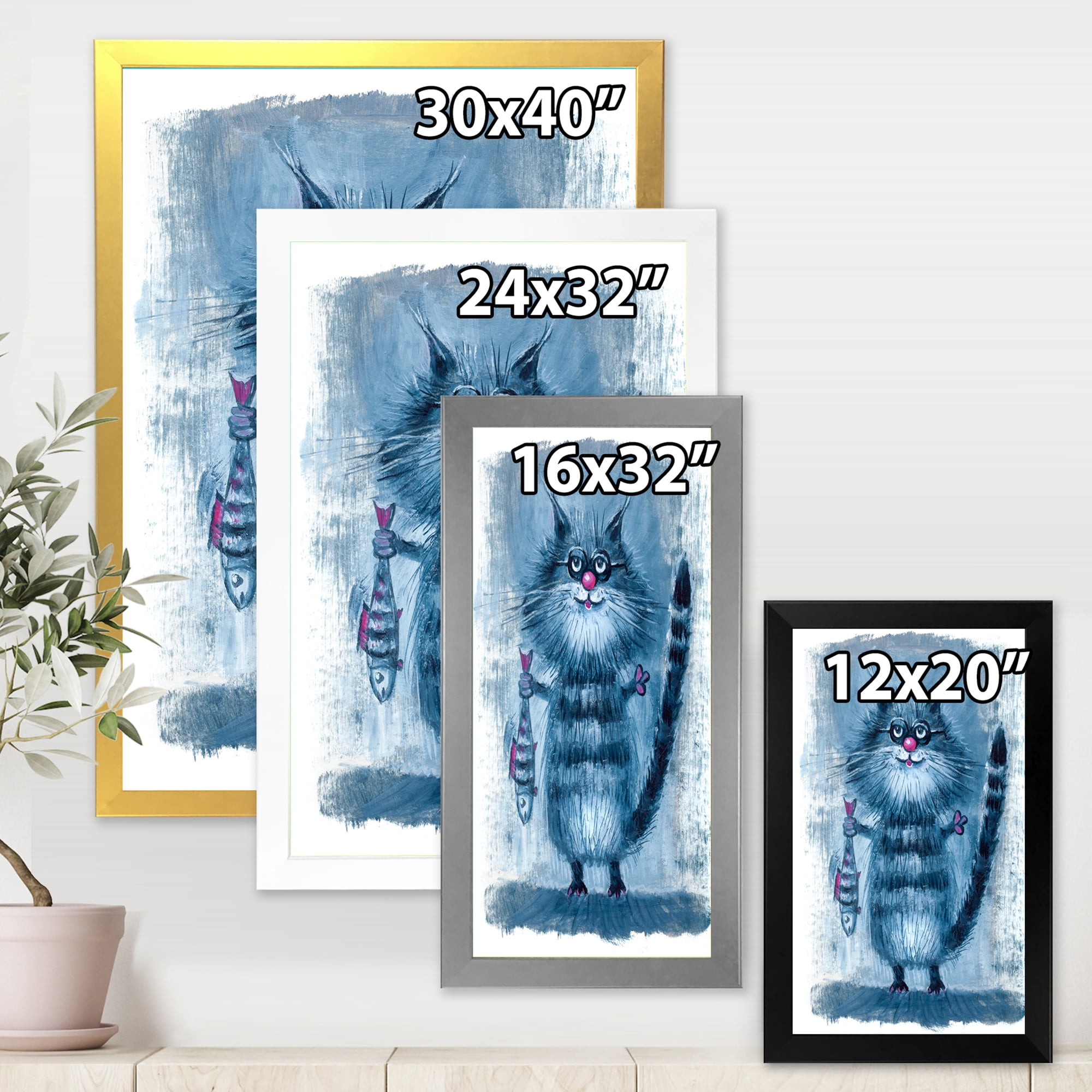 Designart 'Standing Cat Holding A Fish In Its Claws' Nautical & Coastal Framed Art Print