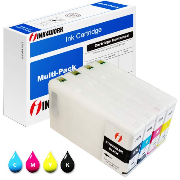 INK4WORK Remanufactured Ink Cartridge Replacement for Epson 676XL T676XL 676 XL for use with WorkForce Pro WP-4010 WP-4020 WP-4023 WP-4090 WP-4520 WP-4590 (B/C/M/Y, 4-Pack)