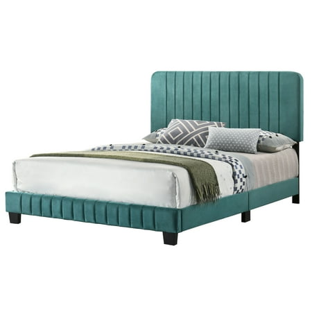 UPC: 0196648003302 | Home Bedroom Furniture Lodi Green Velvet Upholstered Channel Tufted Queen Panel Bed