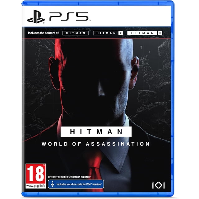 ps5 juego hitman world of assassination eu estuche físico para PS5 con logo PlayStation arriba, portada con retrato frontal del protagonista calvo en traje oscuro y corbata roja sobre fondo negro texturizado, título 'HITMAN World of Assassination' y sello PEGI 18 en la esquina inferior izquierda; usado en promociones aniversario.