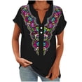 thumbnail image 2 of Ayolanni Printed Shirts for Women Short Sleeve Casual V-Neck Office Blouse Button Down Fitted Rolled Tunic Shirts Summer Tops for Women 2026 Black L, 2 of 5