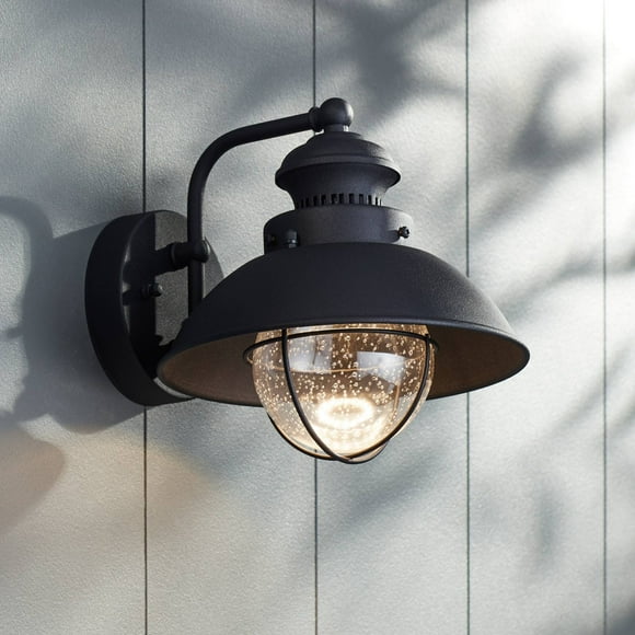 John Timberland Fordham Farmhouse Rustic Industrial Outdoor Wall Light Fixture LED Black Metal 8" Seedy Glass Sconce Exterior House Barn Porch Patio Outside Deck Garage Front Door Garden Home