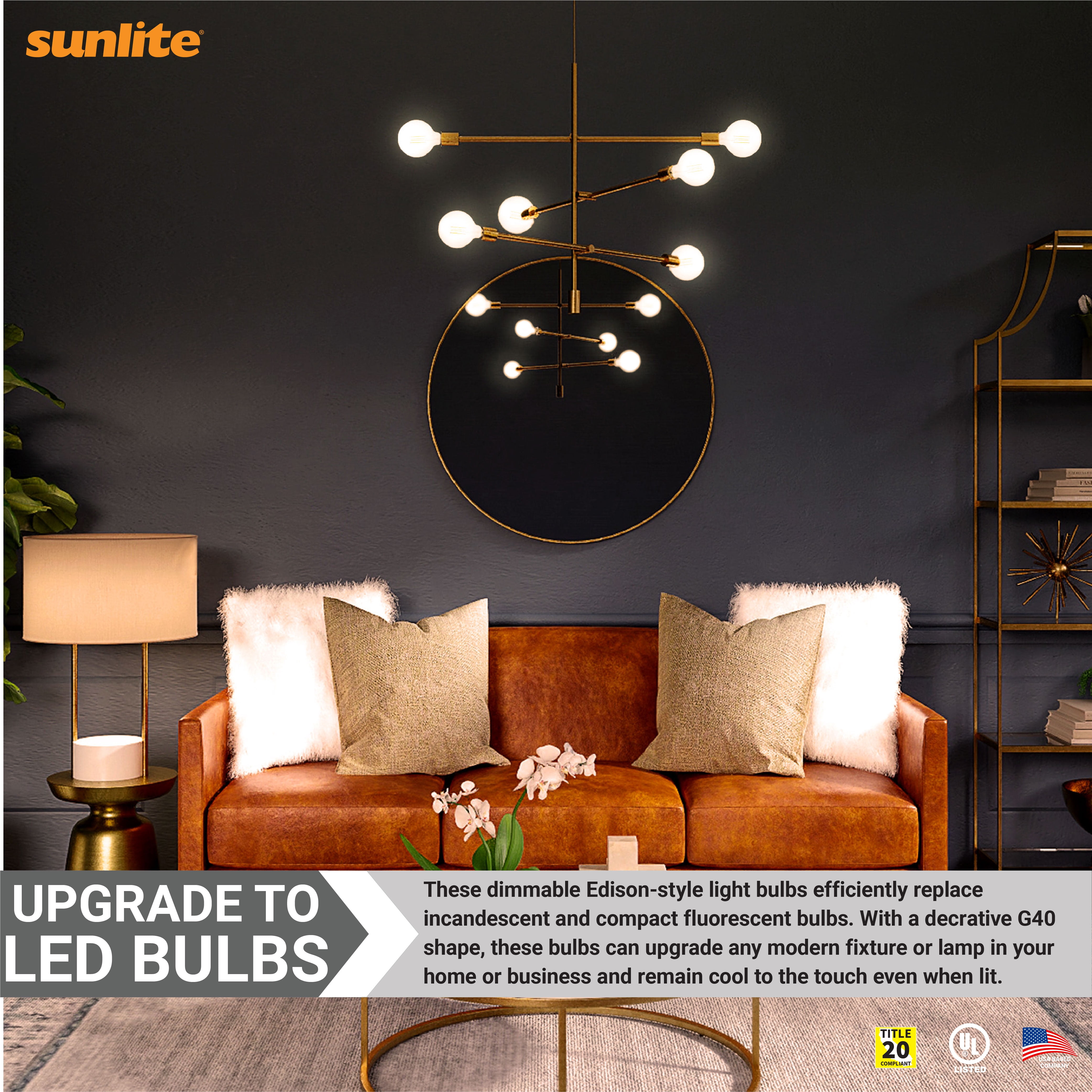 Sunlite 41836 LED G40 Edison Globe Light Bulb, 8.5 Watts (100W Equivalent), Standard E26 Base, 800 Lumens, Dimmable, Clear Glass, Long Filament, 90 CRI, CEC Compliant, 2200K Amber Light, 4 Pack