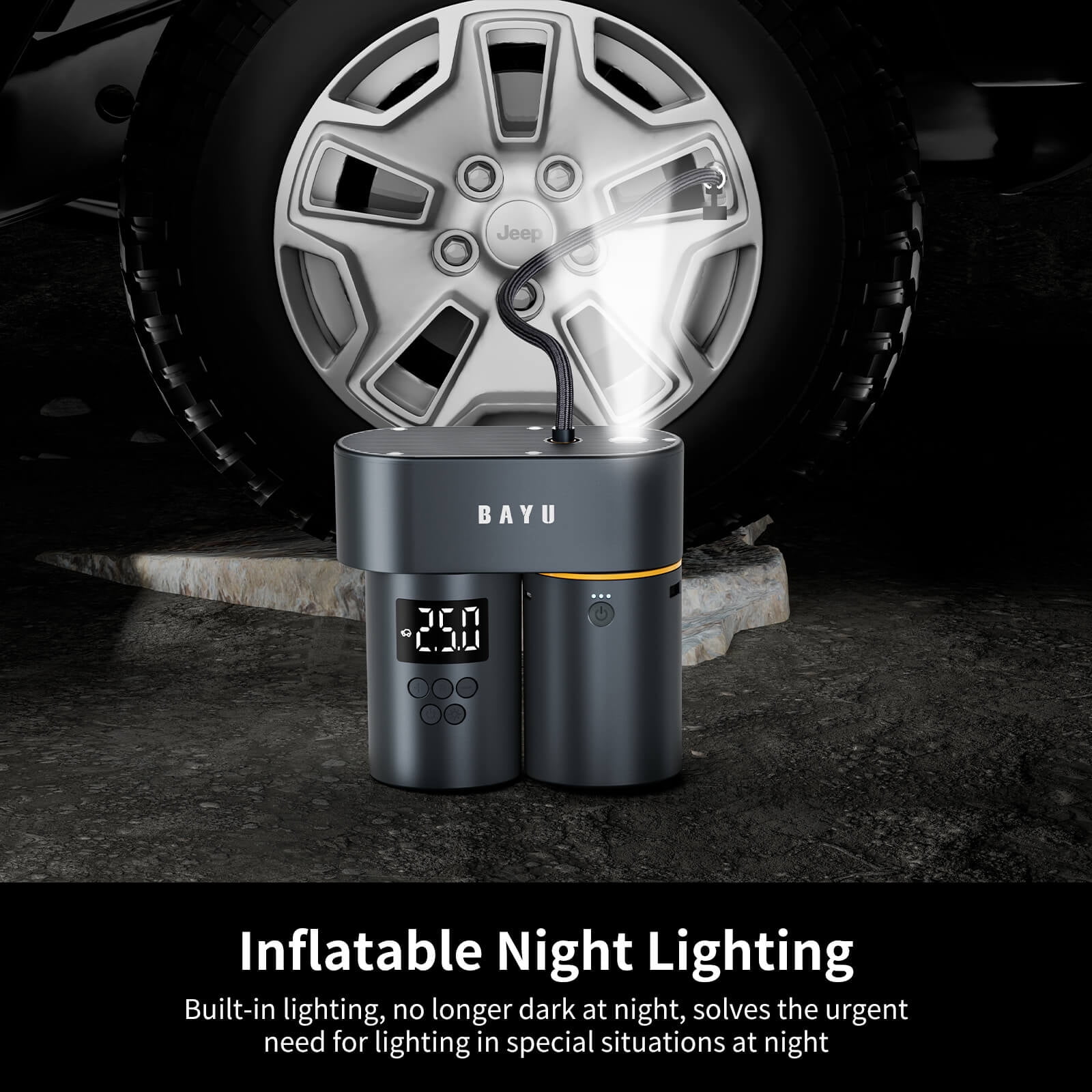 BAYU 2 in 1 Tire Inflator Portable Air Compressor, 150PSI Air Pump for Car Tires with Digital Display, 15000mAh Electric Tire Pump, Emergency LED Light for Car, Bike, Ball