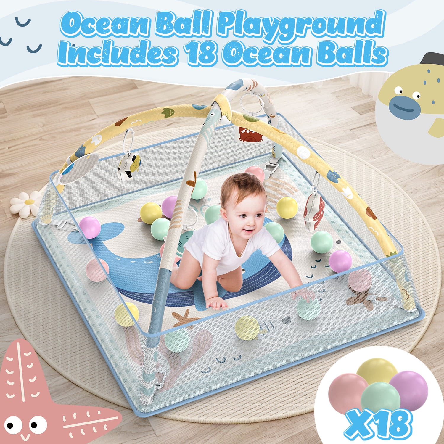 WonderStone 5-in-1 Baby Gym & Play Mat, Tummy Time Toys with Sensory Toys & 18 Balls for Newborns and Infants 0-12 Months, Whale
