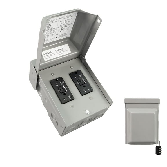 20 & 20 Amp Power Outlet Box 125 Volt, Dual 20 Amp WRTR GFCI Receptacles Heavy Duty Lockable Weatherproof Panel, Outdoor Receptacle forEV RV Generator Camper Trailer Motorhome, ETL Listed