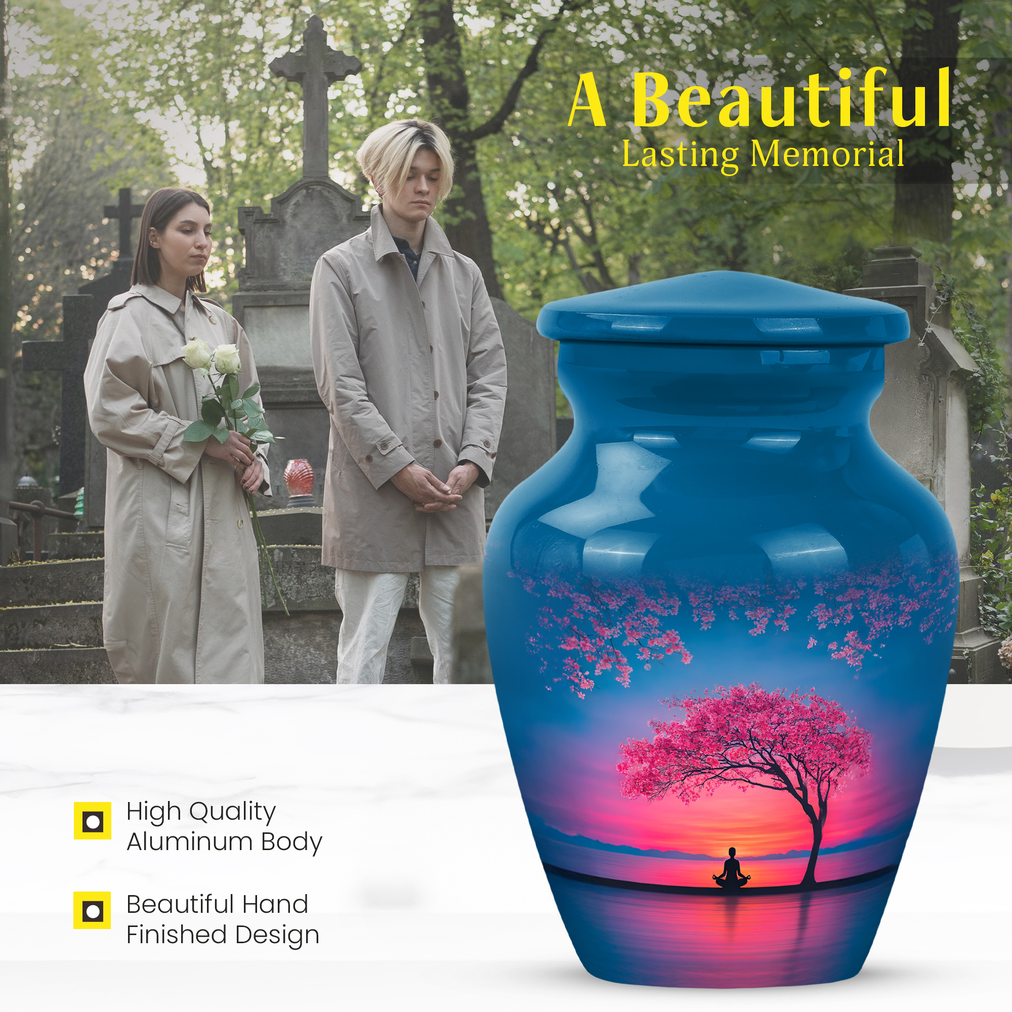 MUKTIVE Cherry Blossom Funeral Urns for Ashes Adult Man, Keepsake Blue Memorial Urn for Ashes for Women, Meditation Burial Urns for Adult Male, Sunrise Cremation Urn, 3 Inch