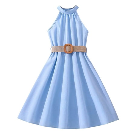 

Graphic Summer Dress For Girls Children Dress Solid Color Hanging Neck Waist Collection Dress Princess Dress Fashion Outwear Cute Summer Party Princess Light Blue 10Y