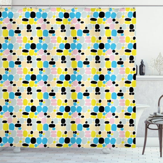 Vibrant Shower Curtain, Continuous Sketchy Circles Modern Abstract Style Print, Fabric Bathroom Set with Hooks, 69"WX70"L, Deep Sky Blue Rose Yellow and Champagne, by Ambesonne