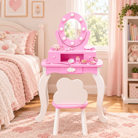 SESSLIFE Kids Vanity Set with Mirror Lights and Drawers, Wooden Princess Makeup Desk Set, Toddler Dressing Table Set, Pretend Play Kids Vanity Table and Chair Set for Little Girls aged 3 , Pink