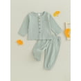 thumbnail image 2 of SUNSIOM Kids Boys Girls Fall Outfits Solid Color Buttons Crew Neck Long Sleeve Tops and Elastic Waist Long Pants 2Pcs Clothes Set, 2 of 8