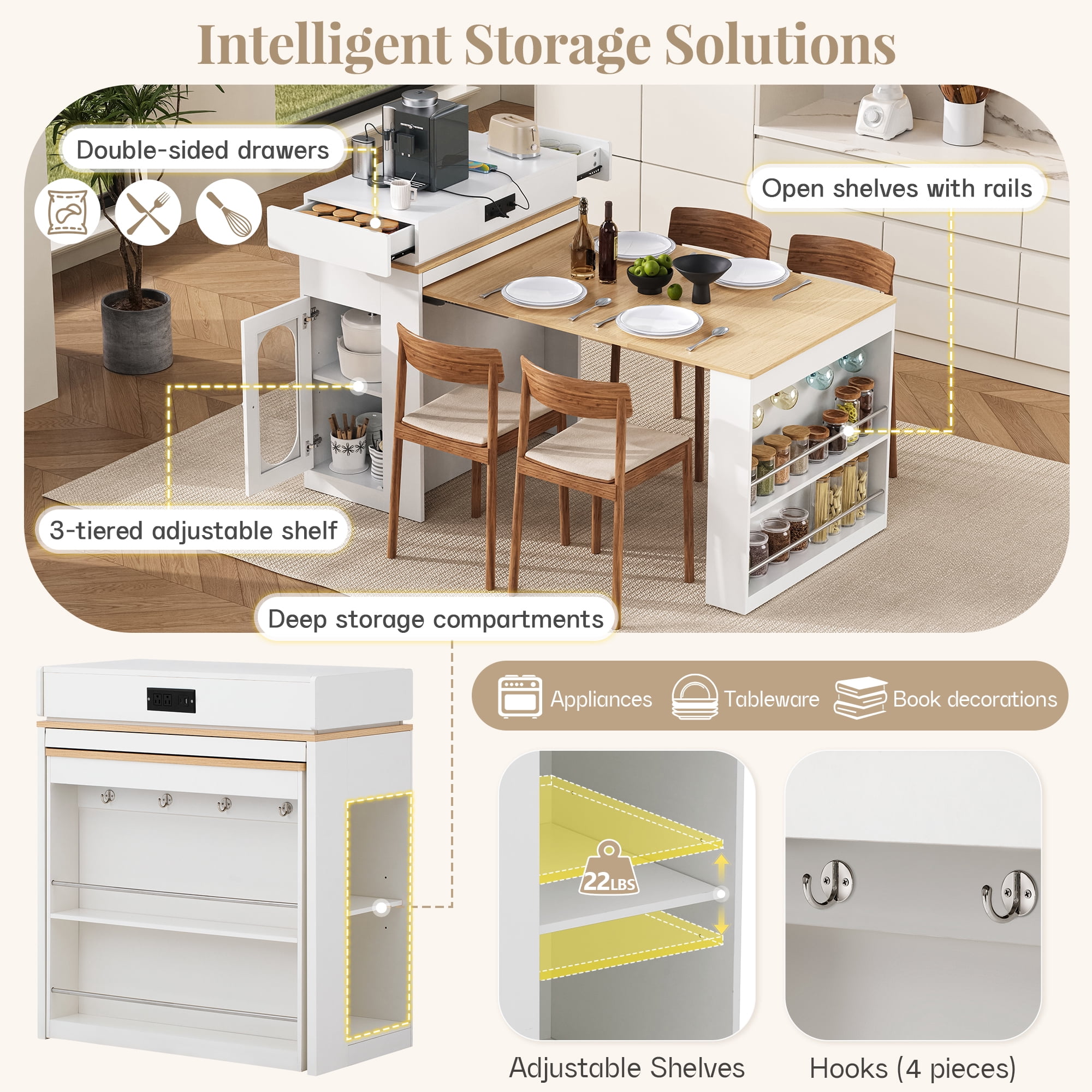Noble HouseHORIZON Extendable Dining Table with Folding Tabletop, Bar Table with Drawers and Power Outlet(Natural+Creamy White)