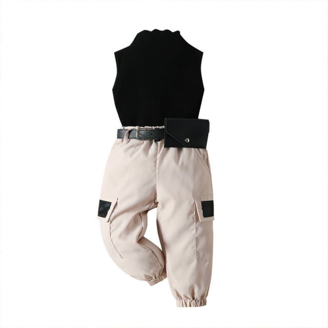 Hiiyo Infant Girls Outfits Sleeveless Ribbed Tank Top Cargo Pants with Belt, Sizes 12M-5T