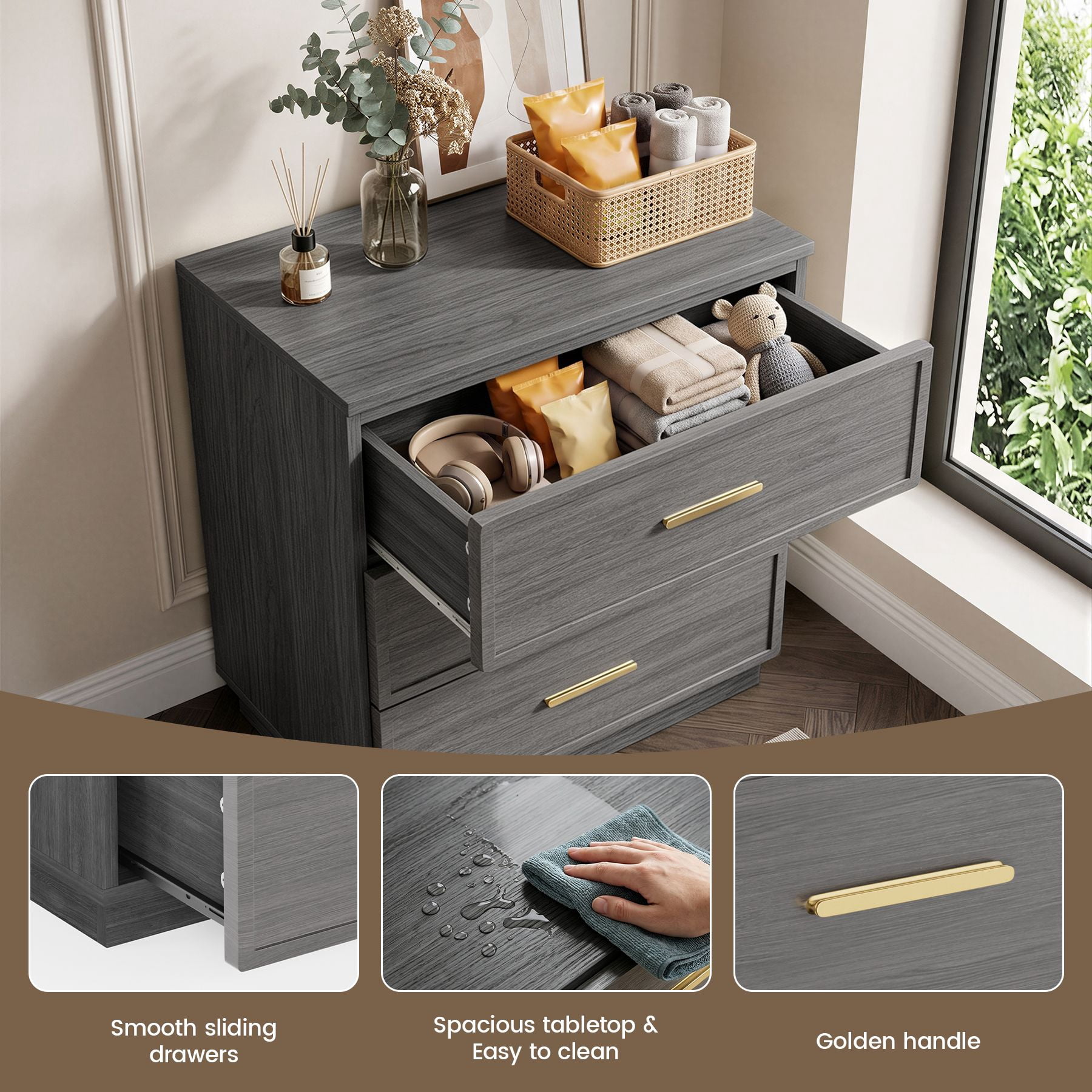 MOONMISS Modern 3-Drawer Nightstand Set of 2,Bedside Table with Sturdy Base & Gold Handles for Bedroom,Living Room,Gray