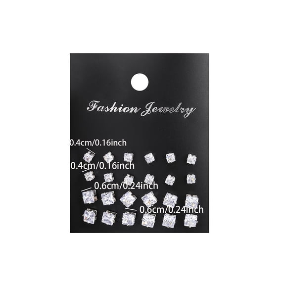 New 12 Pair/Pack White Shiny Square Cubic Zirconia Push Back Stud Earrings Set For Women Men Fashion Jewelry Accessories 4/6mm