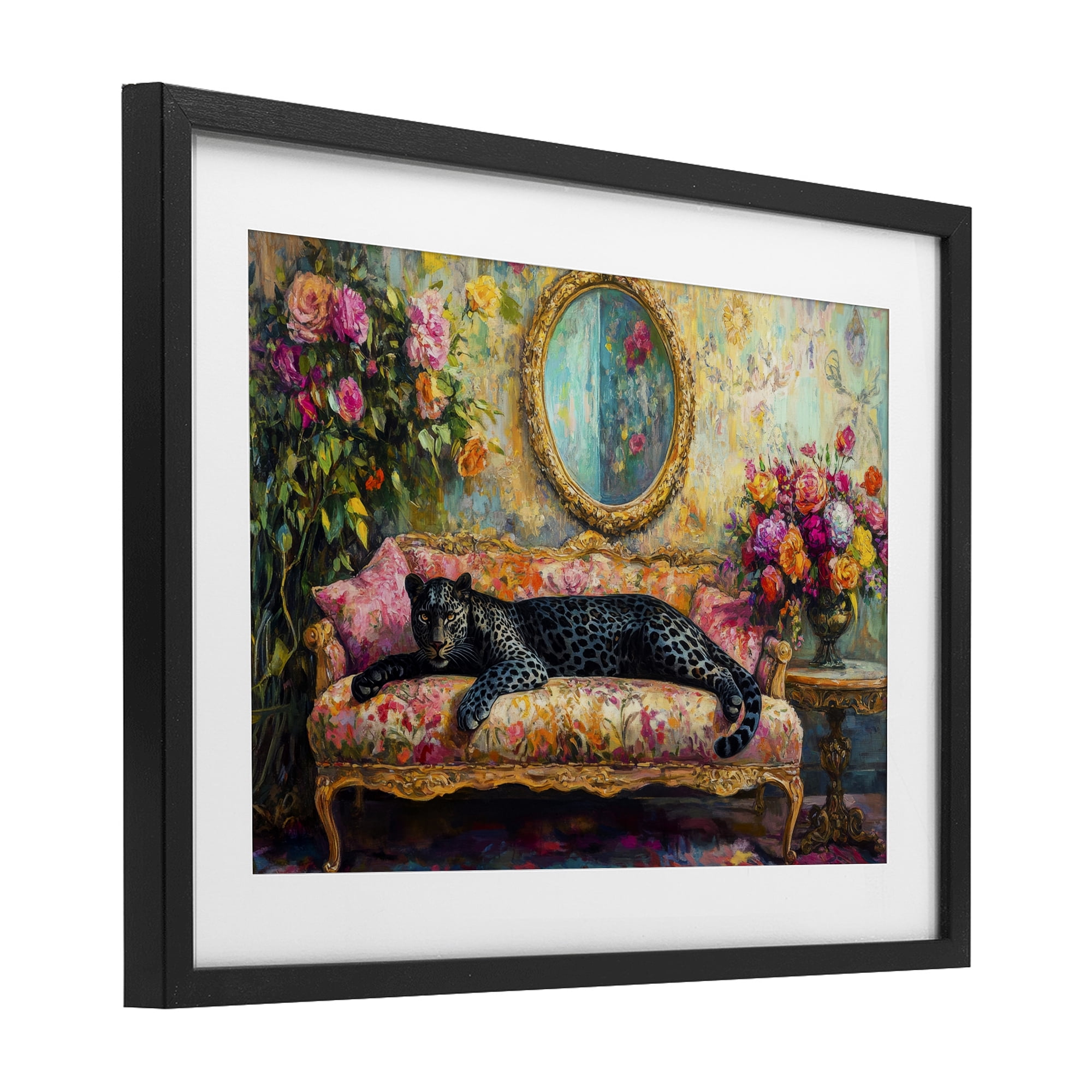 Stupell Industries Lounging Leopard on Floral Sofa Black Framed Print Under Glass, design by Petal Prints Design