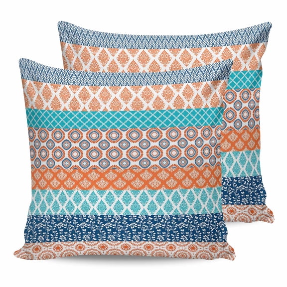 Outdoor Pillow Covers Pack of 2, Bohemian Orange Blue Geometric Striped Waterproof Throw Pillowcase Cushion Cases, Abstract Tribal Decorative Pillow Cover for Couch Sofa Home Bed Patio