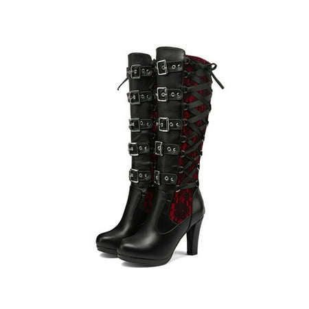

Woobling Ladies Casual Shoes Buckle Office Fashion Lace Up High Heel Boots Red 8