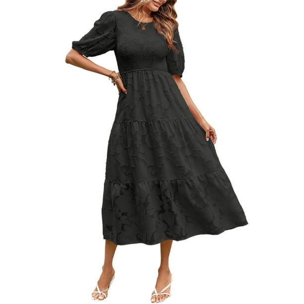 Lucakuins - Vestido midi de verano para mujer, línea A, manga corta, cuello redondo, cintura alta, vestido floral de encaje Lucakuins moda