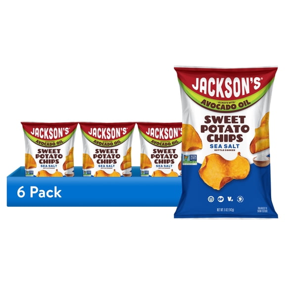 (6 pack) Jackson's Sweet Potato Kettle Chips with Sea Salt, Avocado Oil, Free of Top 9 Allergens, 5 oz