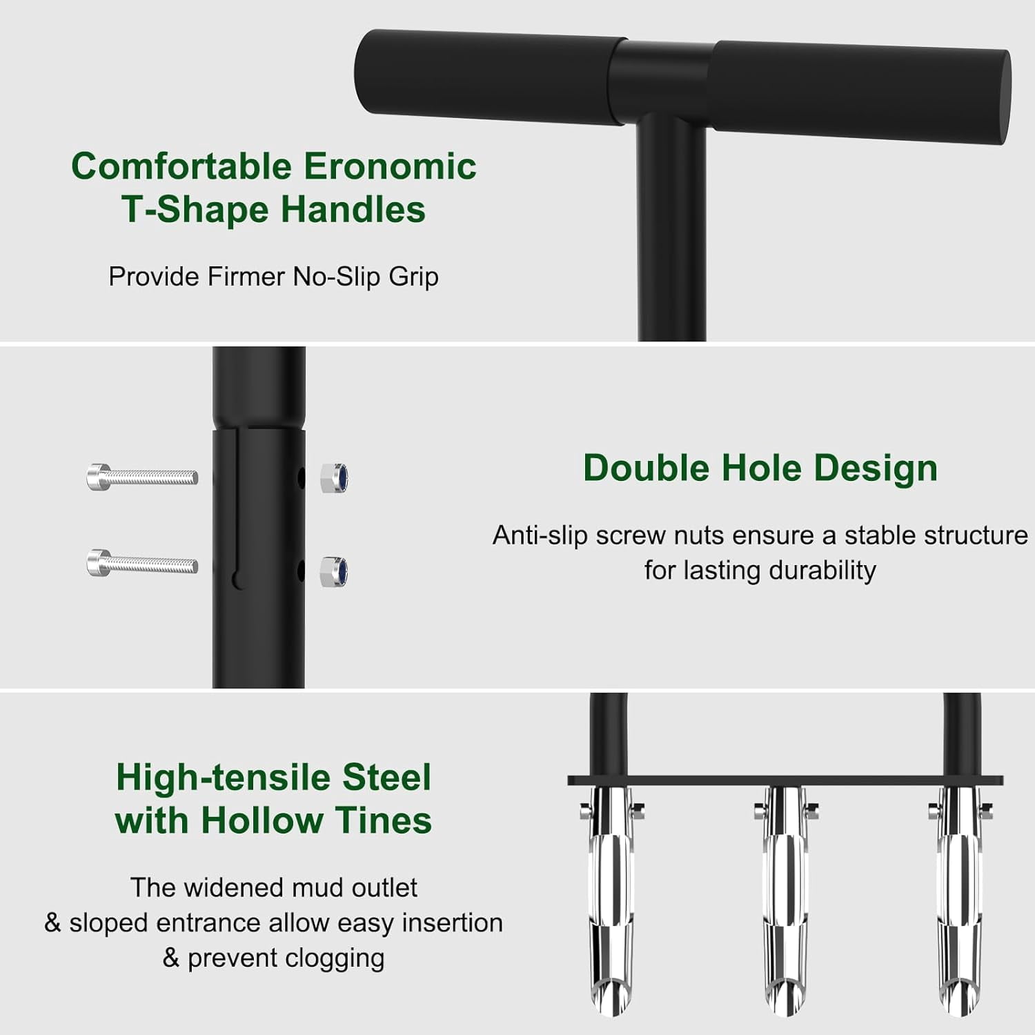 Lawn Aerator Coring Tool, Tool with 3 Hollow Tines, Manual Core for Garden Care and Loosen Compacted Soil, Aeration,