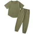 thumbnail image 4 of Ruiwill Girls Outfit Set Crew Neck Short Sleeve Solid Color Tops With Pants Set Summer Dailywear Casual Lightweight Girls Clothes Set Size 6-7 Years Army Green, 4 of 6