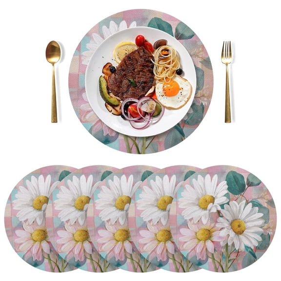 Round Placemats Plate Mats 15 Inch Non-Slip Heat Resistant Washable PVC Set Table Decoration for Kitchen Dining Three Large White Daisies