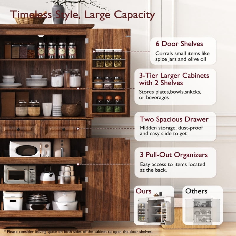 Farmhouse Kitchen Pantry Cabinet with 3 Pull Out Cabinet Organizers, Tall Kitchen Storage Cabinet with 2 Drawers, Freestanding Kitchen Cupboard with 6 Door Shelves