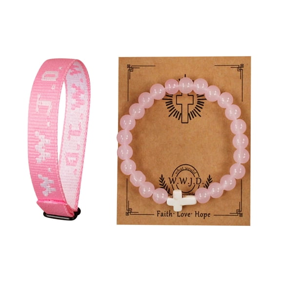WWJD Bracelets for Holiday Gifts – What Would Jesus Do Cross Beaded Bracelet Set, Pink Adjustable Christian Jewelry Valentine's Day Gift