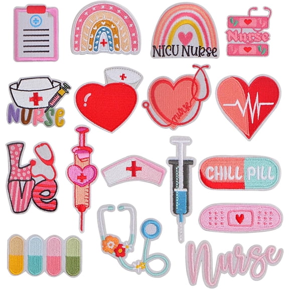 Aylifu 17 Pieces Nurses Day Iron On Patches, Multicolor Medical Theme Embroidered Sew/Iron on Appliques for Nurse Clothing T-Shirts Hats Diy Crafts