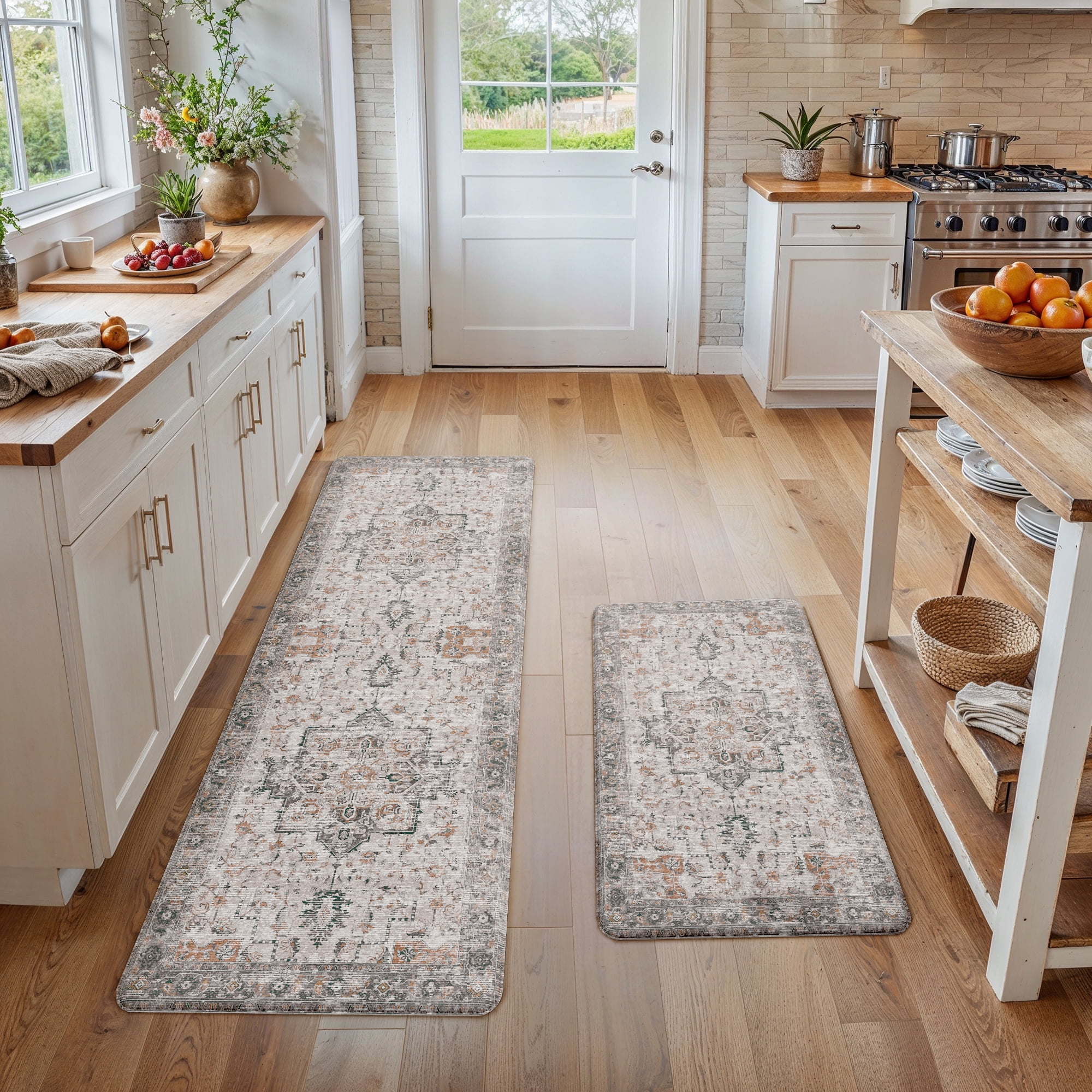 KUETH Kitchen Rug for Floor, Kitchen Mat Anti Fatigue, Non Slip Washable Kitchen Rug, Set of 2 Kitchen Mat 17"x47"+17"x30", Brown