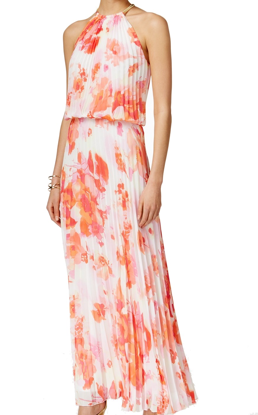 MSK - MSK NEW Pink Orange Womens Size 8 Floral Print Pleated Maxi Dress ...