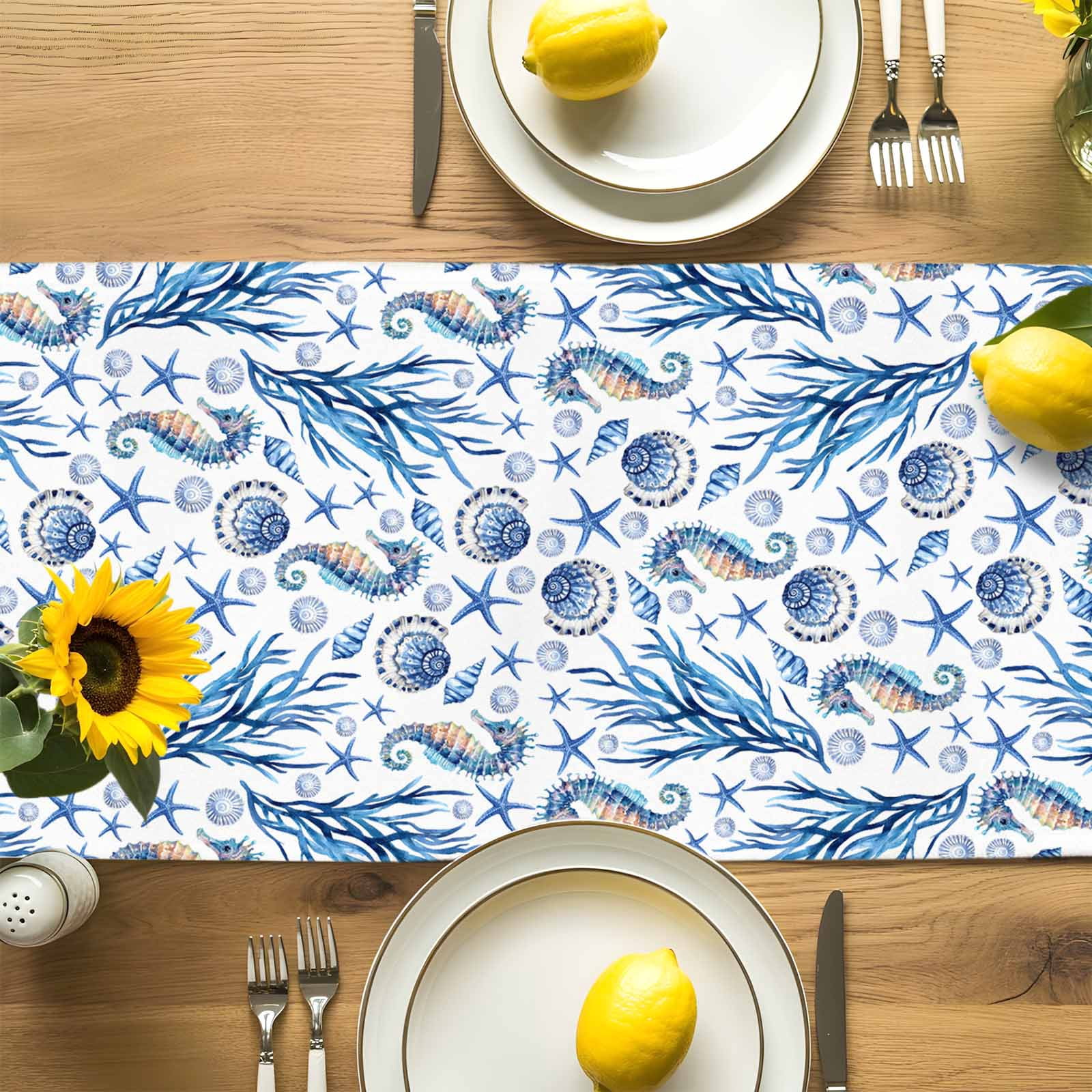 Summer Seahorse Coral Starfish Conch Table Runner 90 Inches Long, Seamless Blue Marine Life Table Runners Tabletop Scarf Kitchen Dining Tables Decoration for Home Party Indoor Outdoor