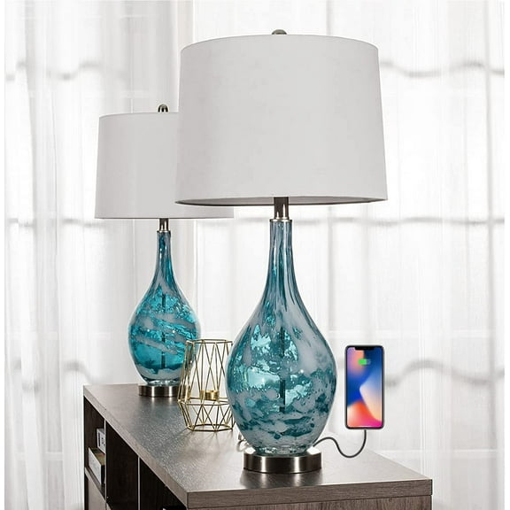 Maxax Blue Glass Table Lamps Set of 2 for Living Room, 3 Way Dimmable Coastal Bedside Lamps with USB Charging, Modern 28" Bedroom Glass Lamp with White Shade for Nightstand