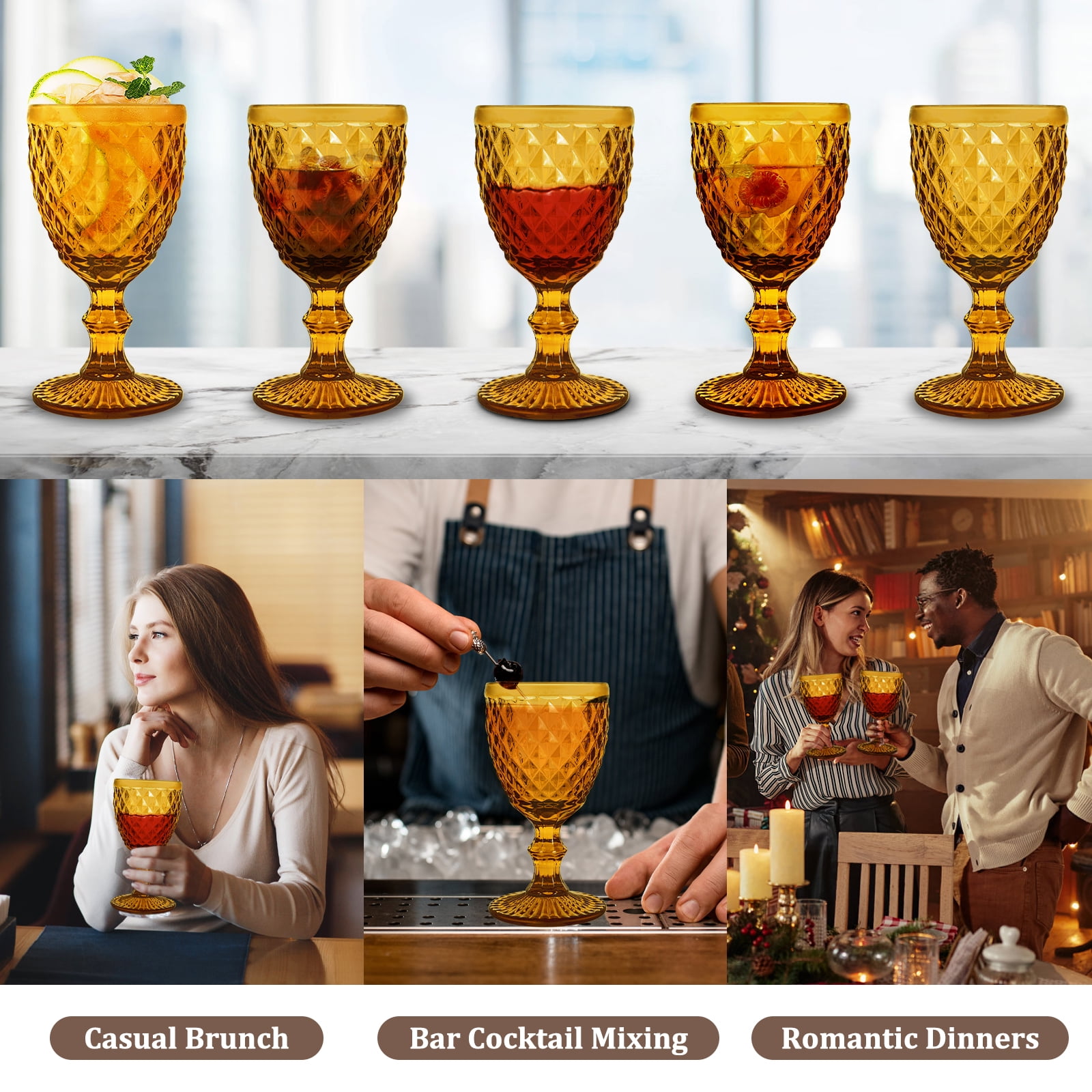 6pcs Glass Goblet Vintage, 8.5oz Stemware Wine Glass Sets, Drinking Glasses Retro Embossed Footed Glassware Wine Goblet for Iced Beverage Wine Cocktail（Blue）