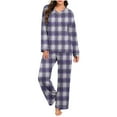 thumbnail image 2 of Women's Plaid Pajama Set, 2 Piece Loungewear Outfits V Neck Comfy Sleepwear Fall Long Sleeve Tops and Long Pants New Women Tracksuits 2 Piece Set Purple L, 2 of 7