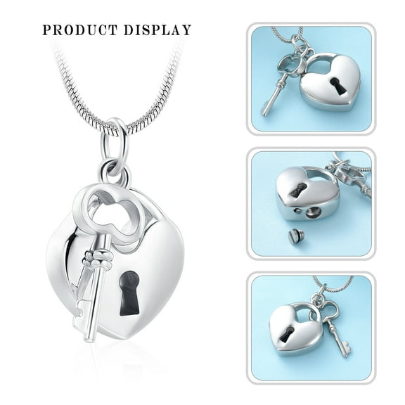 Stainless Steel Heart Locket with Key Cremation Urn Pendent for Ashes and Chain Ash Holder Necklace for Cremation Ashes Keepsake Memorial Jewelry