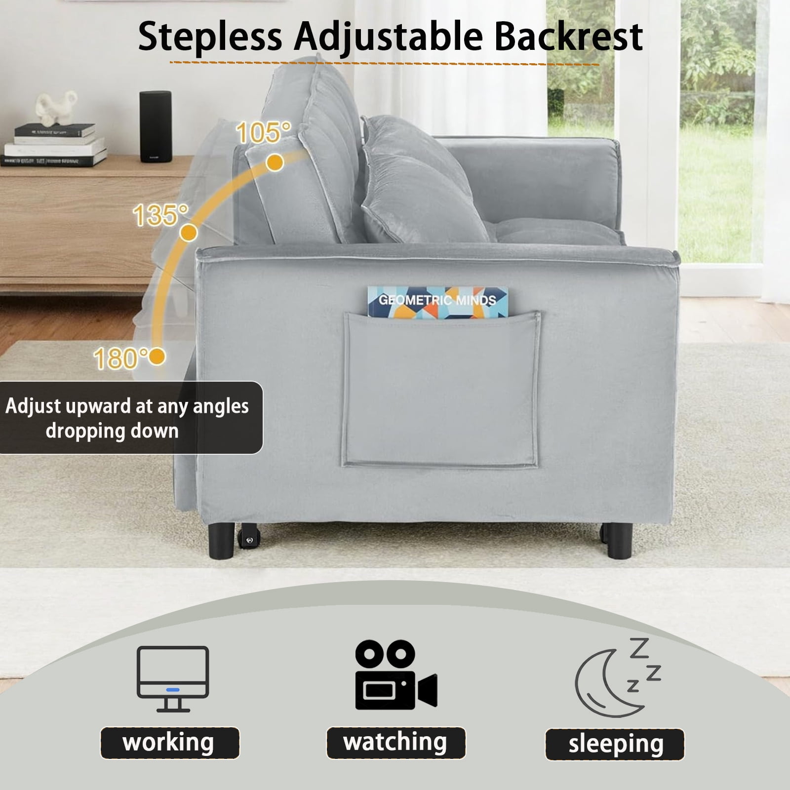 EPOWP 3 in 1 Folding Convertible Sofa Bed,55'' Pull Out Couch Bed with Side Pocket,Velvet Fabric Loveseat Sleeper Sofa with Adjustable Backrest,Easy Assembly,Perfect for Living Room,Light Grey