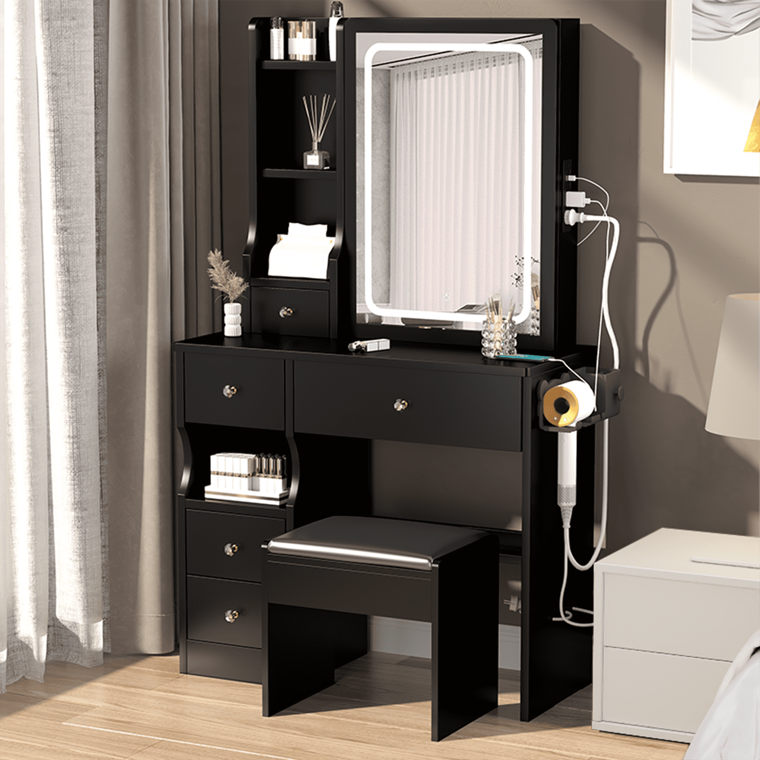Resenkos Makeup Vanity Desk Set with Lighted Mirror, Power Outlet&Stool, Bedroom Dressing Table Makeup Desk, Black Resenkos Makeup Vanity Desk Set with Lighted Mirror, Power Outlet&Stool, Bedroom Dressing Table Makeup Desk, Black