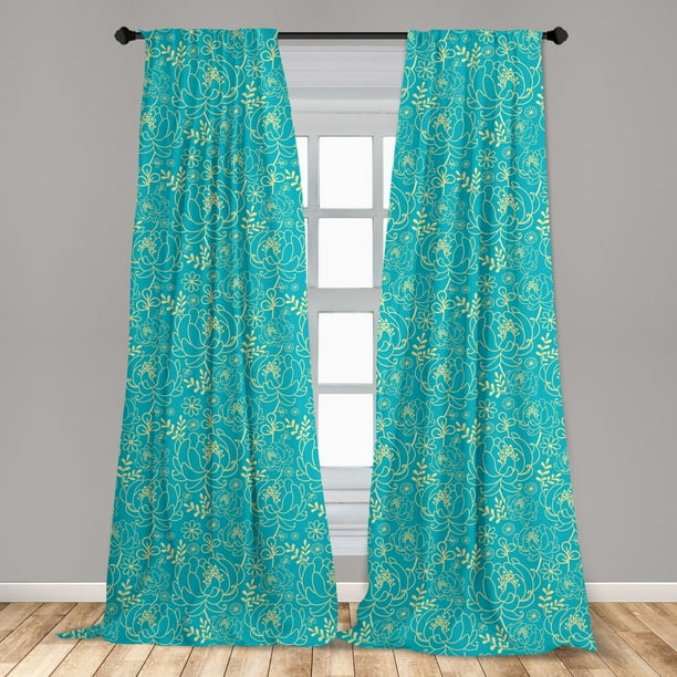 Yellow and Blue Curtains 2 Panels Set, Classic Floral Twig Leaves