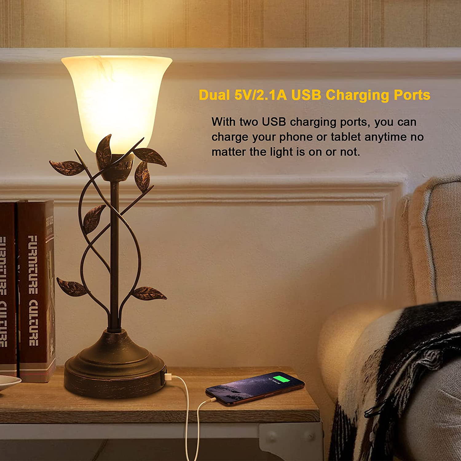 Bedroom 3-Way Dimmable Bedside Nightstand Lamps Amber Glass Shade Vintage Rural Leaf Lamp for Living Room Touch Control Table Lamp with 2 USB Charging Ports Dresser LED Bulb Included Bronze 