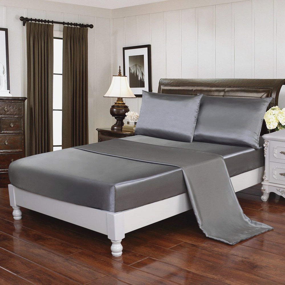 Hypoallergenic Luxury Sheets Queen Size 4Piece Gray Smooth Silk Satin
