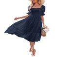 thumbnail image 4 of Femmes Froncé Volants Manches Longues Mini une Ligne Robe Cou Carré Taille Haute Robes Courtes, 4 of 6