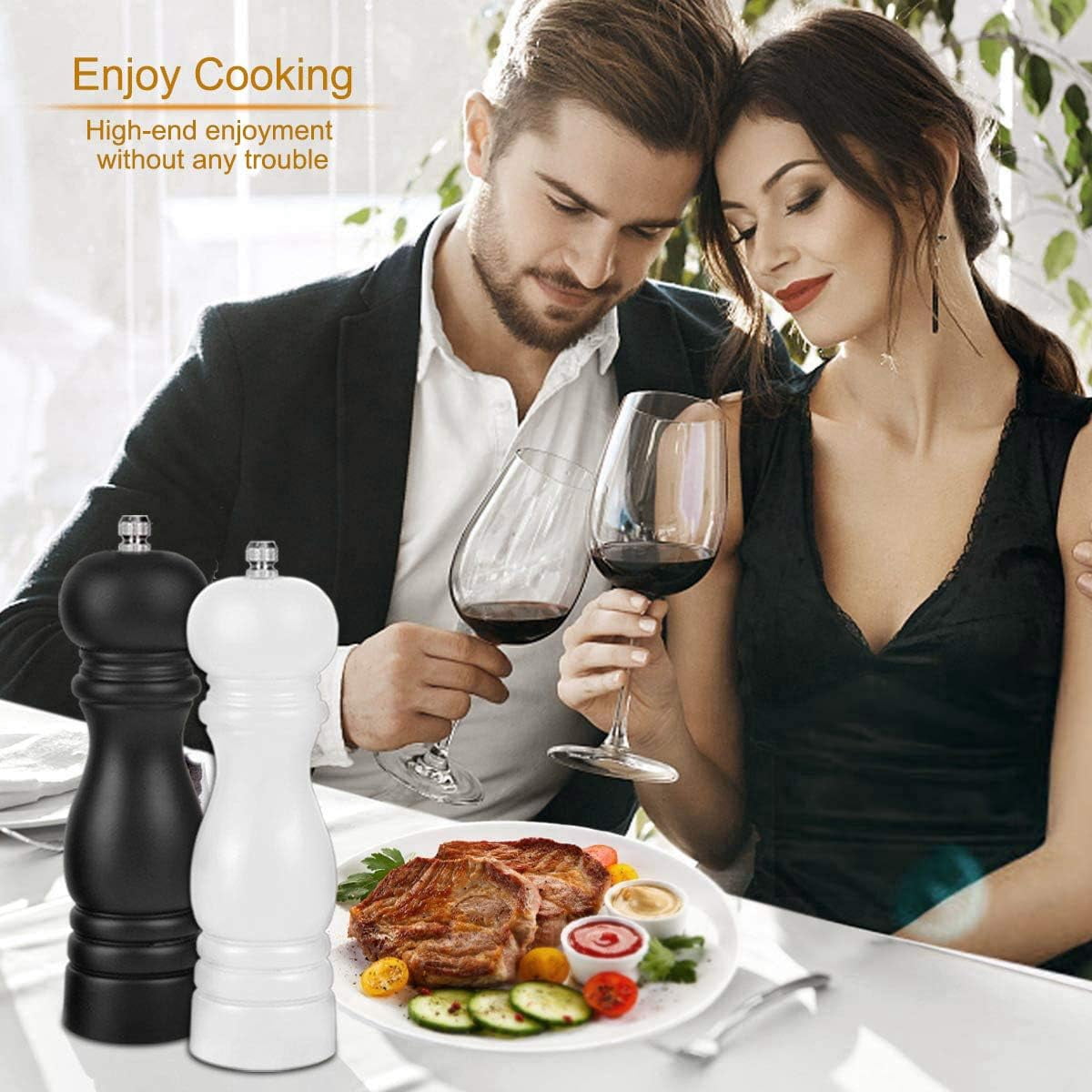 Premium Salt and Pepper Grinder Set of 2, Wood Salt and Pepper Shakers with Ceramic Core, Refillable Manual Sea Salt Pepper Mill Adjustable Coarseness for Spice/Chili/Sesame, 8 Inch (Black+White)