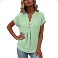 thumbnail image 5 of Linen Shirts for Women Casual V Neck Button Down Blouses Short Sleeve Office Work Tops Loose Vacation Tees Shirt Light Green M, 5 of 7