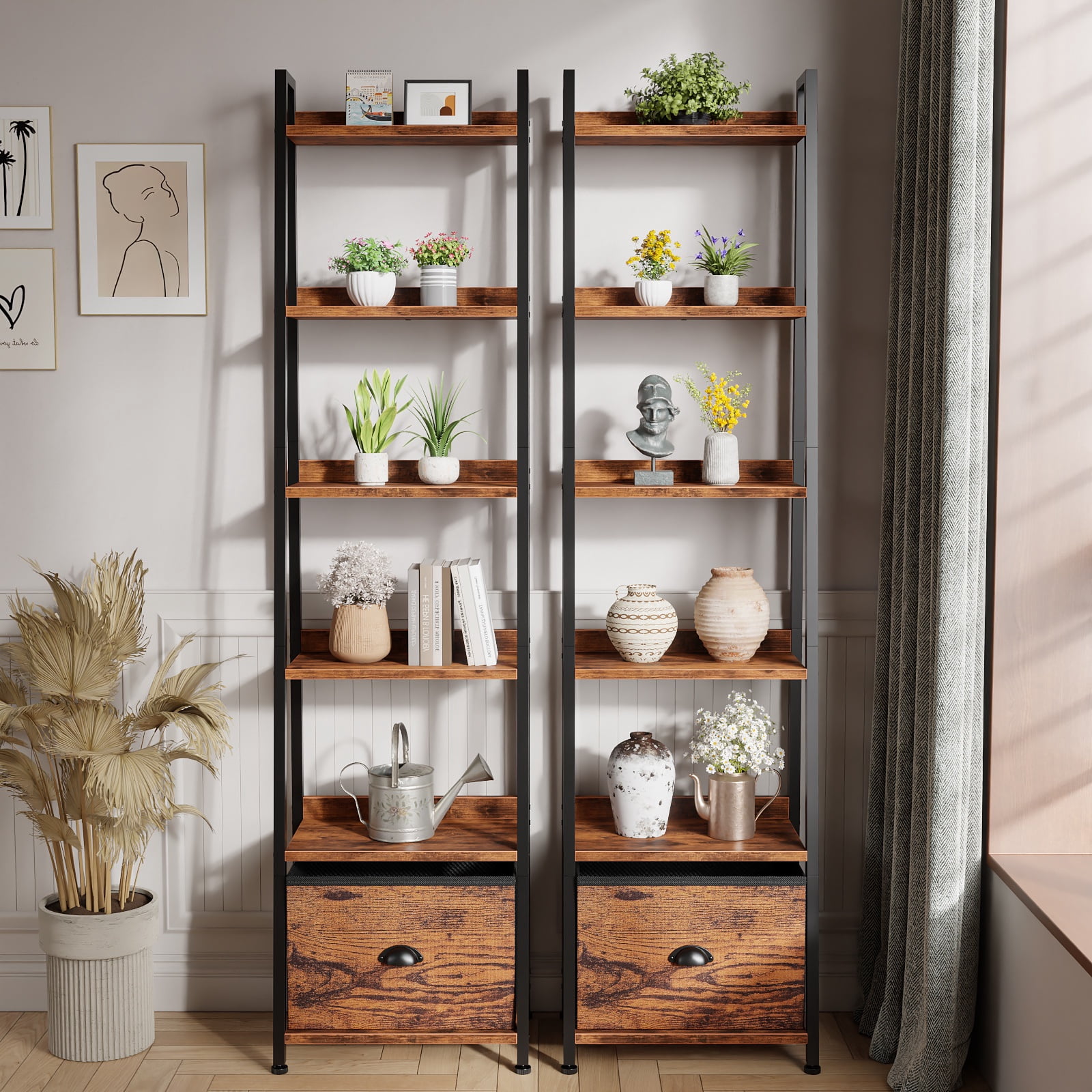 Tydimor 6-Tier Leaning Ladder Bookshelf with Foldable Fabric Drawer, Rustic Brown Leaning Bookcase with Adjustable Foot, Storage Shelves for Home Office Living Room Bedroom