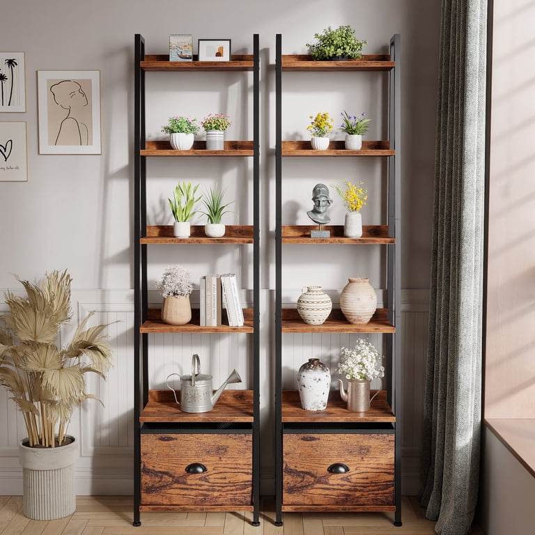 Tydimor 6-Tier Leaning Ladder Bookshelf with Fabric Drawer, Brown photo 6