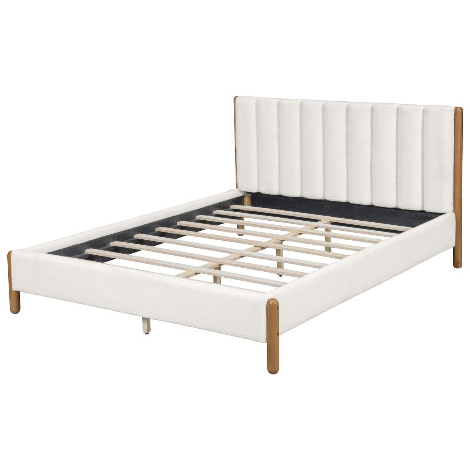 King Size Bed Frame with Boucle Upholstered Thick Headboard, Solid Wooden Legs, White
