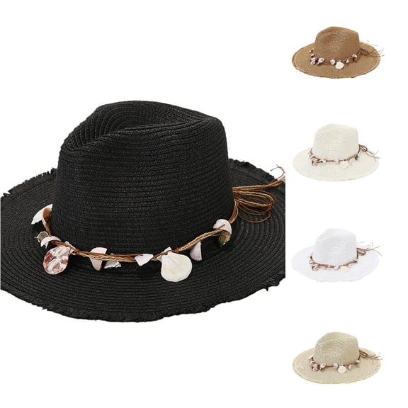 Xijirk Woven Straw Fedora Sun Hat with ed Fringe Brim UPF 50 Natural Rope Band Lightweight Travel Hat for Beach Island Picnic Outdoor Daily Wear,Black,One Size